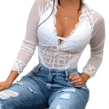 Body Bori Renda Decotado Manga Longa Tule Rendado Bojo