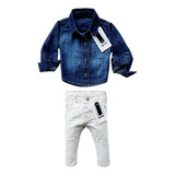 Body Camisa Jeans Curta E Calça Bege Creme Bebê Menino