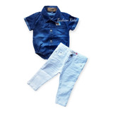 Body Camisa Jeans Curta E Calça Branca Bebê Menino