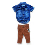 Body Camisa Jeans Curta E Calça Coloridas Bebê Menino