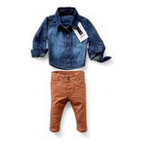 Body Camisa Jeans Curta E Calça Marrom Caramelo Bebê Menino