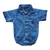 Body Camisa Jeans De Bebe Menino Recem Nascido Batizado
