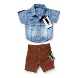 Body Camisa Jeans E Bermuda Caramelo Marrom Bebê Menino