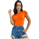 Body Feminino Cavado Manga Curta Blusa Collant Suplex Bore