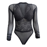 Body Feminino De Renda Manga Longa Tule Decote V Com Bojo