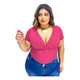 Body Feminino Manga Curta Decote V Nózinho Plus Size