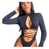 Body Feminino Manga Longa Blusinha Social Body Top Costas