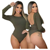 Body Feminino Manga Longa Blusinha Social Canelado Costas