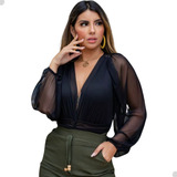 Body Feminino Manga Longa Em Tule Blusa Feminina Gola V