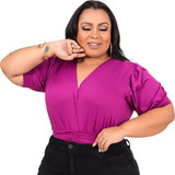 Body Feminino Plus Size Manga Curta Bufante Gola V Ajustav