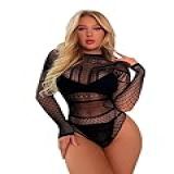 Body Feminino Sensual Lingerie Manga Longa Sexy Conjunto Luxo Renda Arrastão Preto