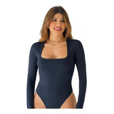 Body Frio Elegante Segunda Pele Manga Longa Decote Quadrado