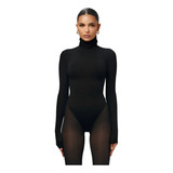 Body Golta Alta Manga Longa Básico Preto Liso Microfibra