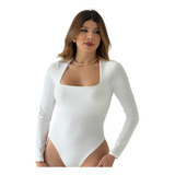Body Manga Longa Em Poliamida Decote Reto Quadrado Elegante