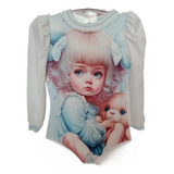 Body Manga Longa Manga C punho Decote Em Tricô Azul Menina
