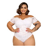 Body Renda Plus Size Decote Tule Feminino Manga Curta