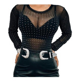Body Transparente Preto De Tule Moda Noite Brilhoso Strass