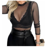Body Tule Transparente Manga Longa Feminino Bore Tuli 748p