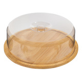 Boleira Bambu Com Tampa Acrílico Porta Bolo Torta Pudim 28cm