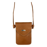 Bolsa Carteira Porta Celular Em Couro Legítimo Transversal Cor Caramelo Desenho Do Tecido Lisa