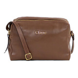 Bolsa Classe Couro Legitimo Feminina Transversal 2870 1 Acambamento Dos Ferragens Metal Dourado Cor Caramelo