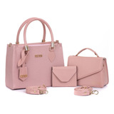 Bolsa Feminina Transversal E Bolsinha Com Mini Carteira Acambamento Dos Ferragens Ouro Cor Rosa Correia De Ombro Rosa Desenho Do Tecido Lisa