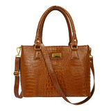 Bolsa Marrom Caramelo Ombro Transversal Couro Legitimo Croco