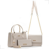 Bolsa Pequena Com Bolsa Média Mais Carteira Kit 3 Peças Cor Creme