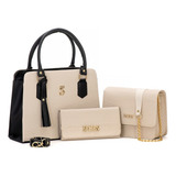 Bolsas Femininas Transversal Tiracolo Kit 3 Em 1 E Carteira Cor Preto creme