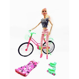 Boneca Articulada Ciclista Com Patins E Vestido Extra