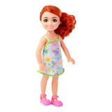 Boneca Barbie Chelsea 14 Cm Cabelo Ruivo Vestido Floral Roxo Sandálias Rosa Hny56 Mattel