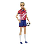 Boneca Barbie Jogadora De Futebol Camisa Vermelha Azul Com Uniforme E Bola Hcn17 Mattel