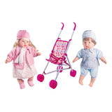 Bonecas Bebe Reborn Gemeos C Som Carrinho Dobravel Rosa
