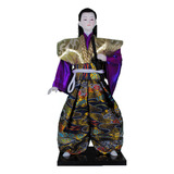 Boneco Japonês Samurai Com Kimono Azul Roxo E Dourado 30 Cm