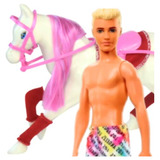 Boneco Tipo Ken Namorado Da Barbie cavalo Rosa C Acessórios