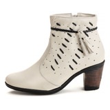 Bota Coturno De Salto Feminina Em Couro Legitimo Off White
