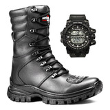 Bota Coturno Militar Couro Legitimo Kit Com Relógio Digital