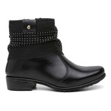 Bota Feminina De Couro Curto Preta Manta Metalizada Brilho