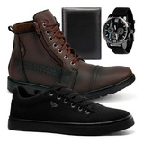 Bota Masculina Com Sapatênis Casual Relógio E Carteira