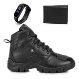 Bota Masculina Cross De Couro Preto Com Relógio E Carteira