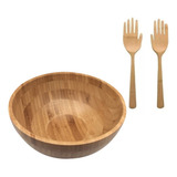 Bowl Tigela Saladeira Bambu Com Pegador De Salada Fruteira Cor Natural
