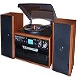 Boytone Toca Discos BT 24MB Bluetooth Estilo Clássico Com Rádio AM FM Leitor De CD Cassete 2 Alto Falantes Estéreo Separados Gravação De Vinil Rádio E Cassete Para MP3 Slot SD USB AUX 