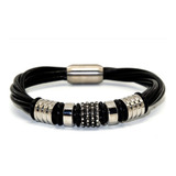 Bracelete Pulseira Prata Couro Legítimo Masculino Aço Inox