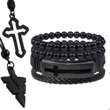 Braceletes Masculino Kit C 4 Bussola 2 Colares Pena Marrom