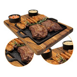 Brasa Store Tábua Churrasco Madeira Para Carne Porção Com Chapa E Cumbucas Ramekins Em Ferro Fundido