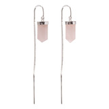 Brinco Feminino Ponta Pedra Natural Quartzo Rosa Corrente