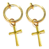 Brinco Kit Argola Pressão Cruz Par Dourado Orelha Cartilagem