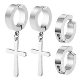 Brinco Pressão Masculino Feminino Kit 2 Pares Argola E Cruz Cor Prata