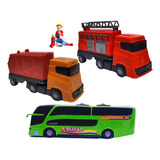 Brinquedo Caminhão Coletor Lixo Bombeiro E Ônibus Miniatura
