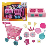 Brinquedo Infantil Fogao E Acessorios Carrinho De Compras Cor Rosa